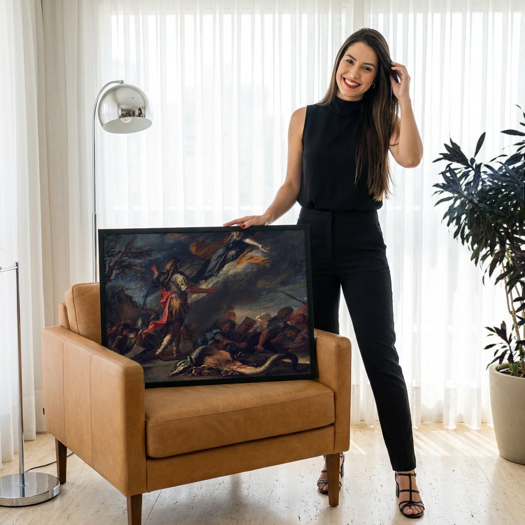 Quadro Decorativo A Minerva de Salvator Rosa com modelo em ambiente