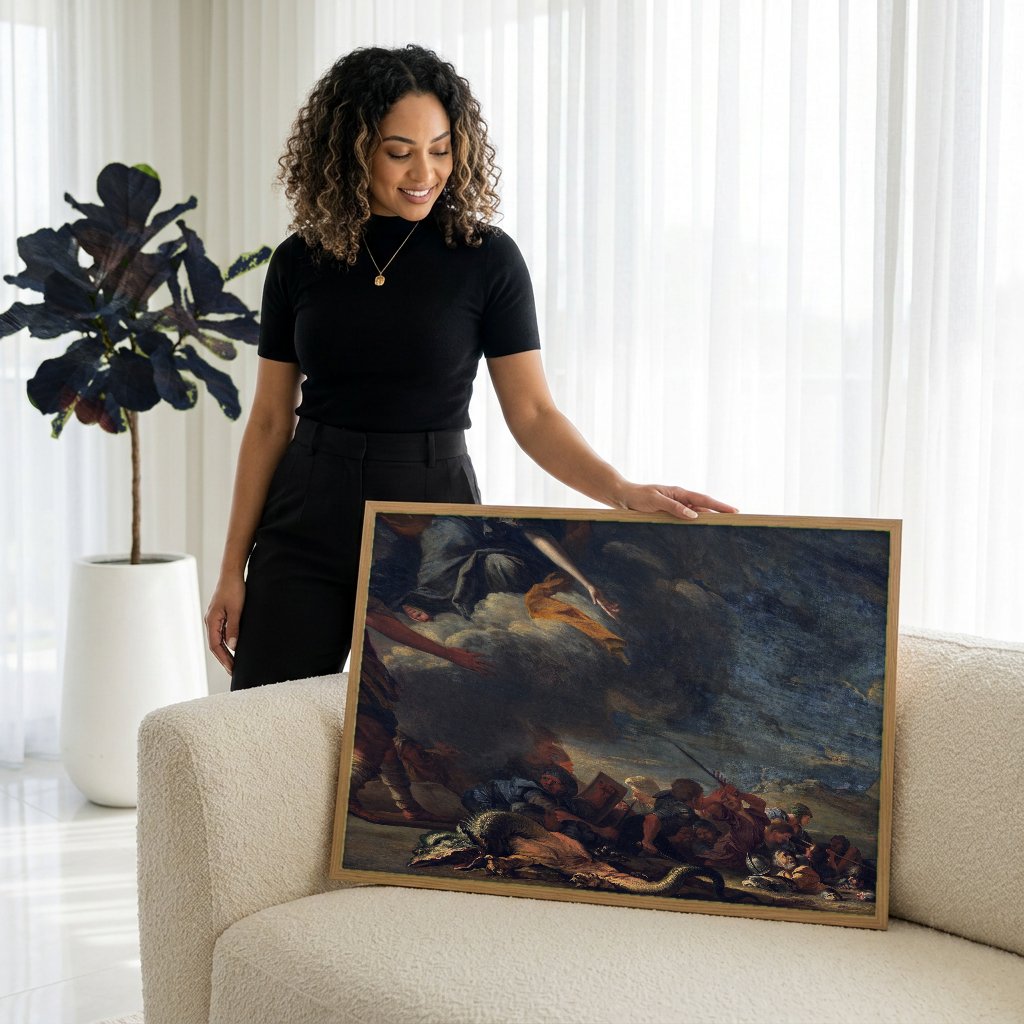 Quadro Decorativo A Minerva de Salvator Rosa com modelo em ambiente