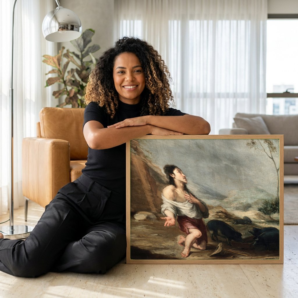 Quadro Decorativo O Filho Pródigo Entre os Porcos - Murillo com modelo em ambiente