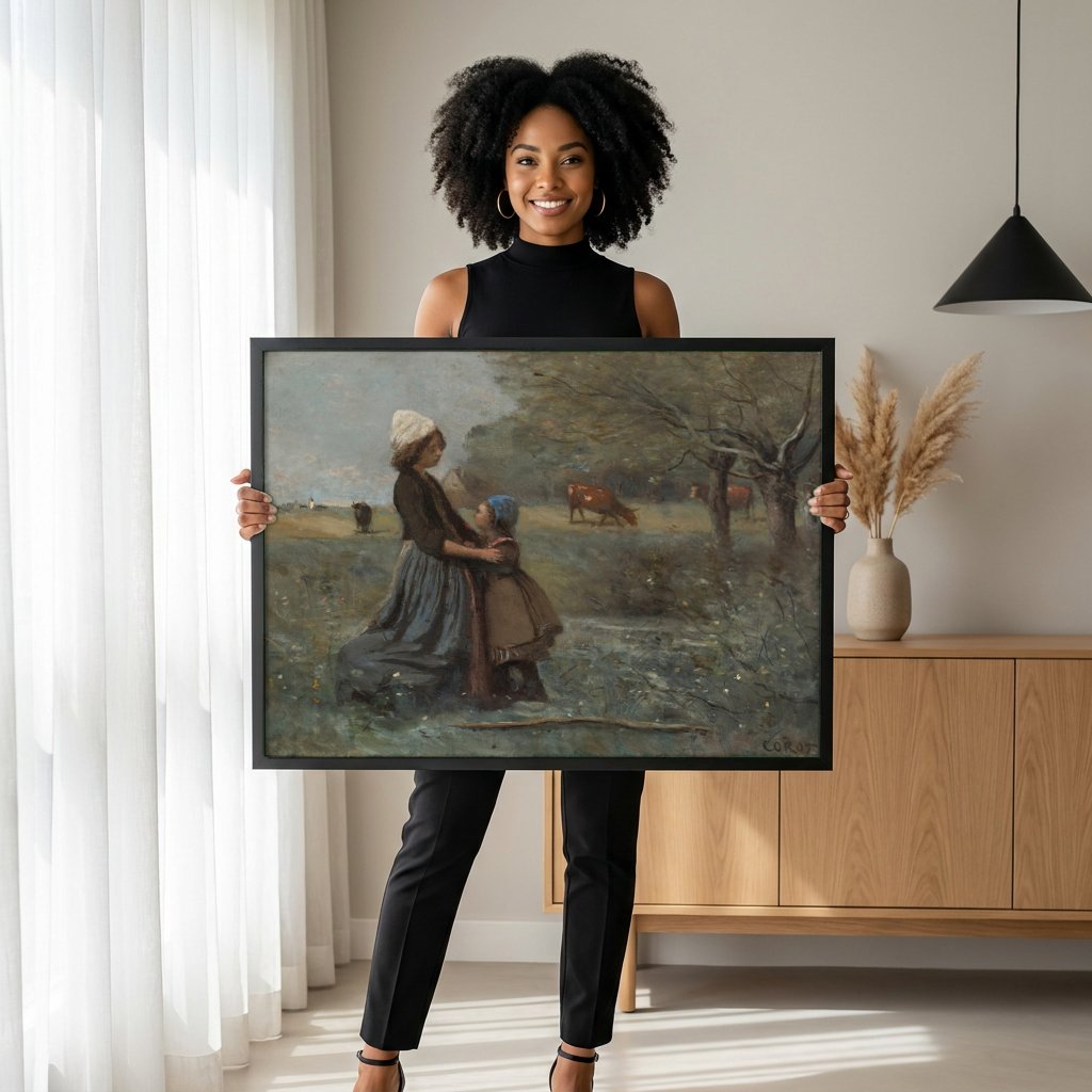 Quadro Decorativo Maternidade Campestre - Corot com modelo em ambiente
