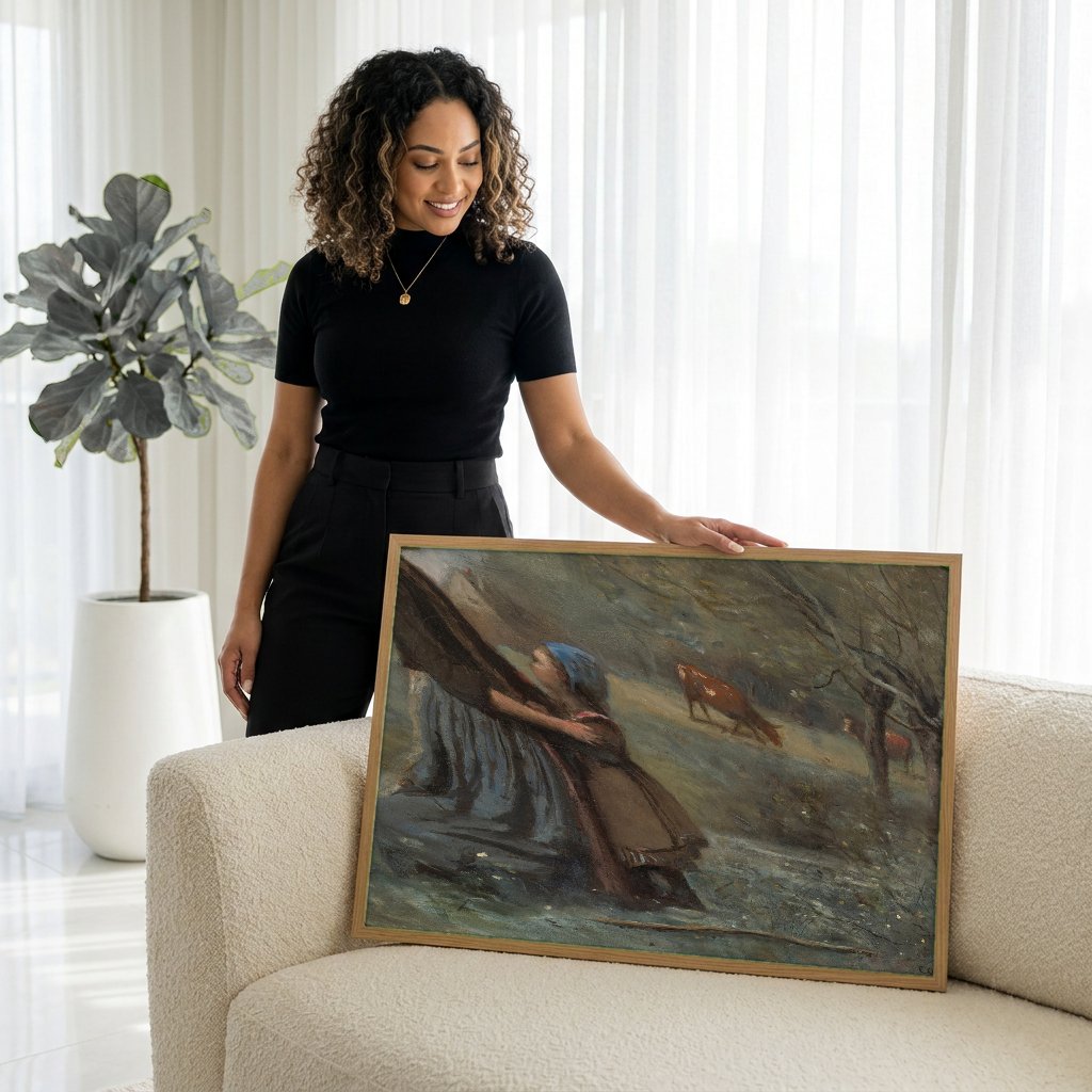 Quadro Decorativo Maternidade Campestre - Corot com modelo em ambiente