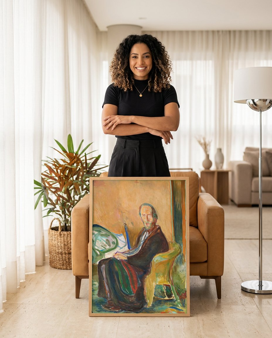 Quadro Decorativo Autorretrato em Poltrona - Edvard Munch com modelo em ambiente