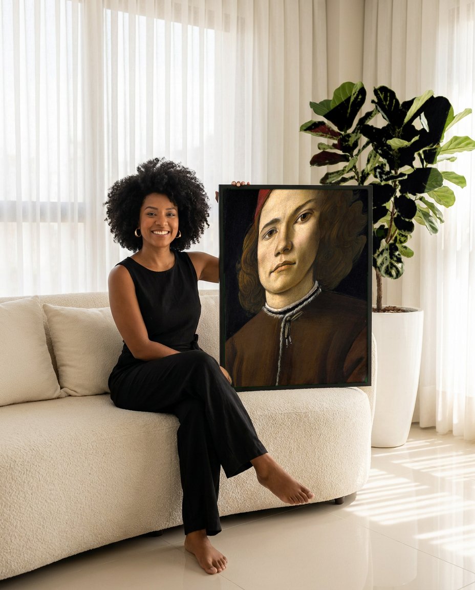 Quadro Decorativo Retrato de Jovem - Botticelli com modelo em ambiente