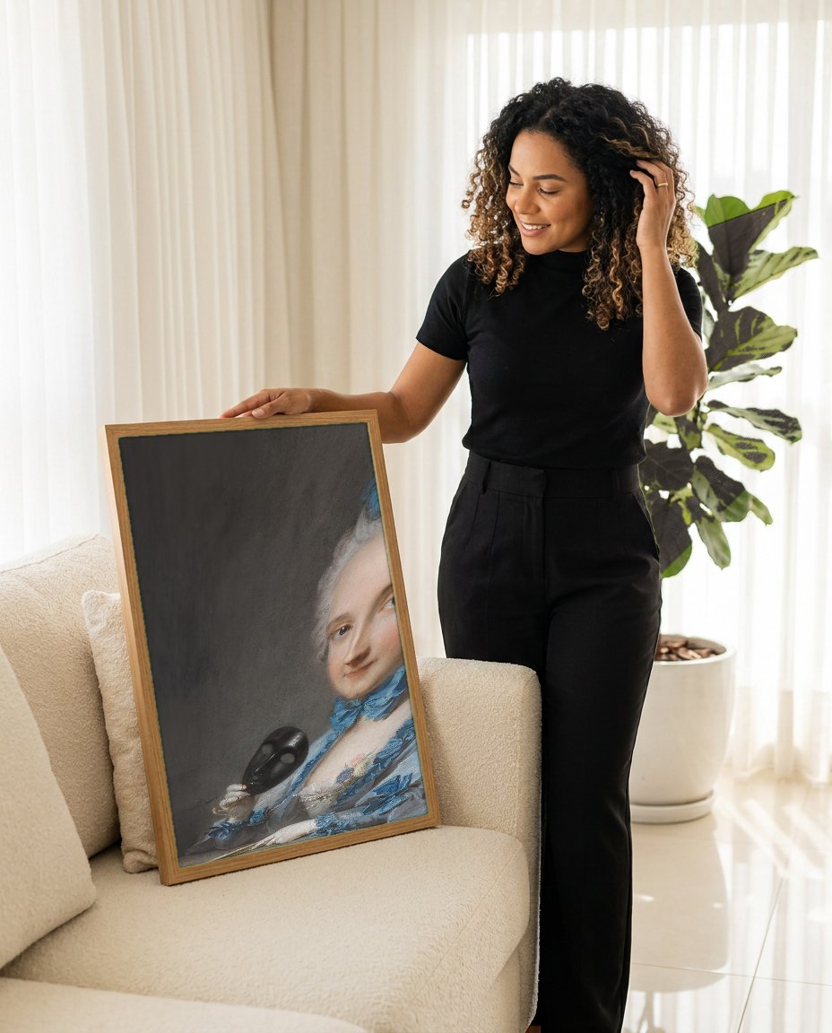Quadro Decorativo Dama com Máscara - Nattier com modelo em ambiente