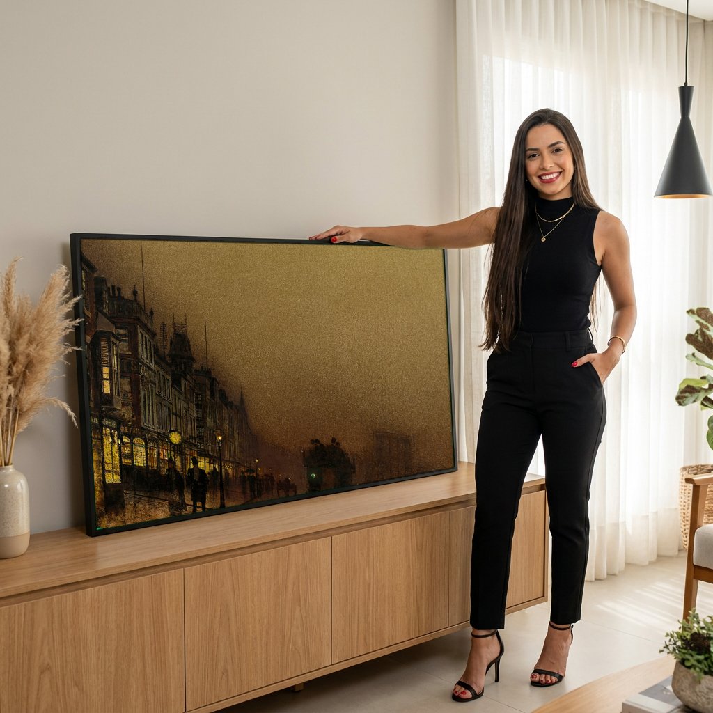 Quadro Decorativo Noite na Cidade Portuária - Grimshaw com modelo em ambiente