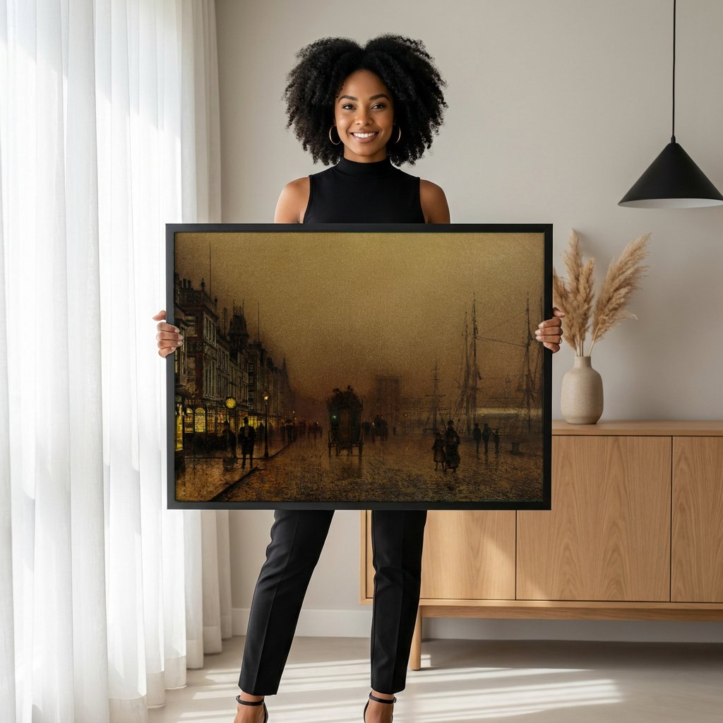 Quadro Decorativo Noite na Cidade Portuária - Grimshaw com modelo em ambiente