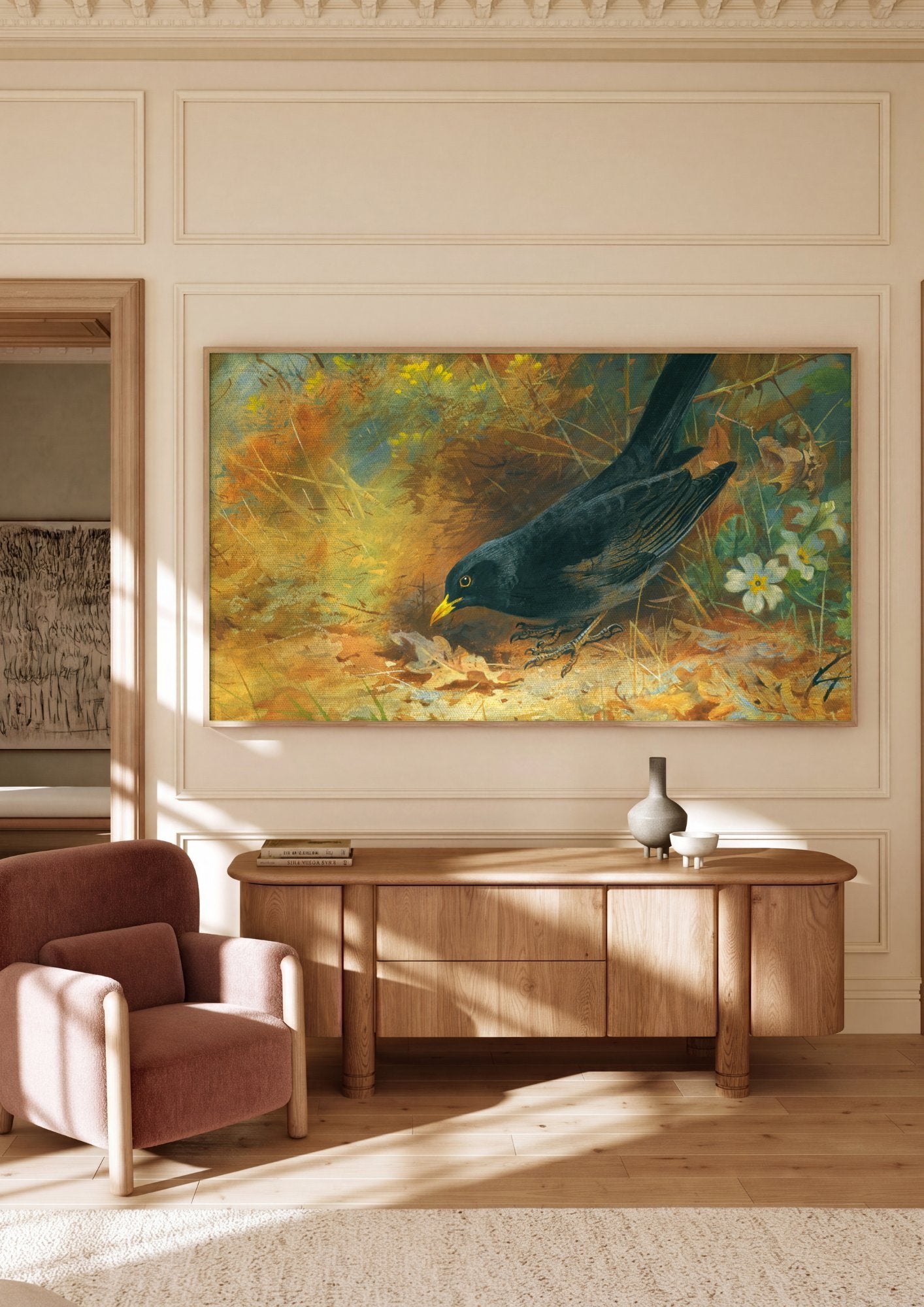 Quadro Decorativo Pássaro Preto na Natureza - Thorburn em ambiente decorado