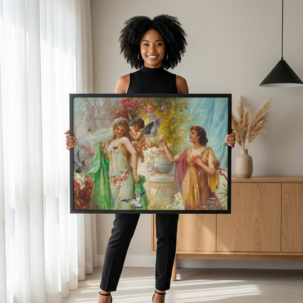 Quadro Decorativo A Primavera - Hans Zatzka com modelo em ambiente