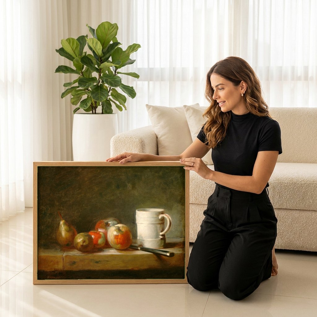 Quadro Decorativo Natureza-morta com Frutas - François Boucher | modelo apresentando o quadro emoldurado