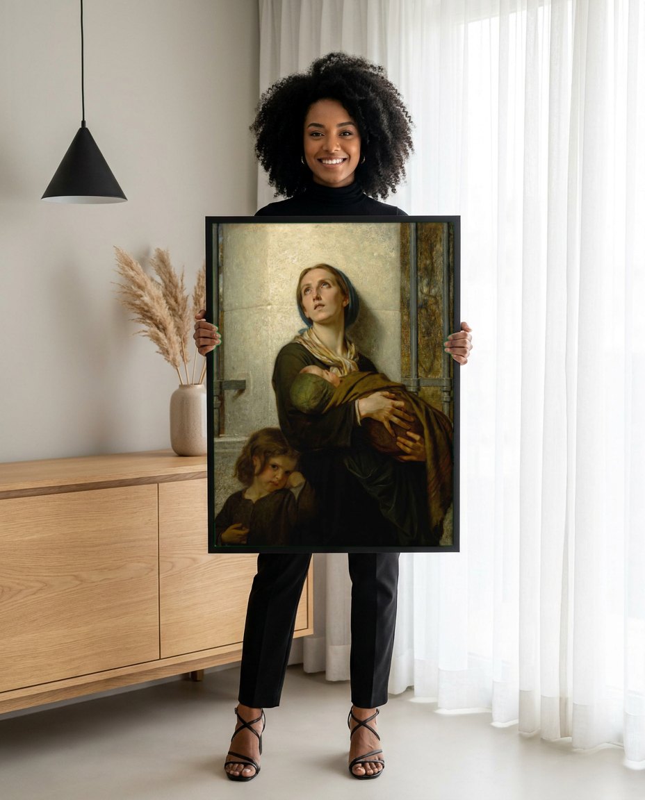 Quadro Decorativo A Mãe e Seus Filhos - Hugues Merle | modelo apresentando o quadro emoldurado