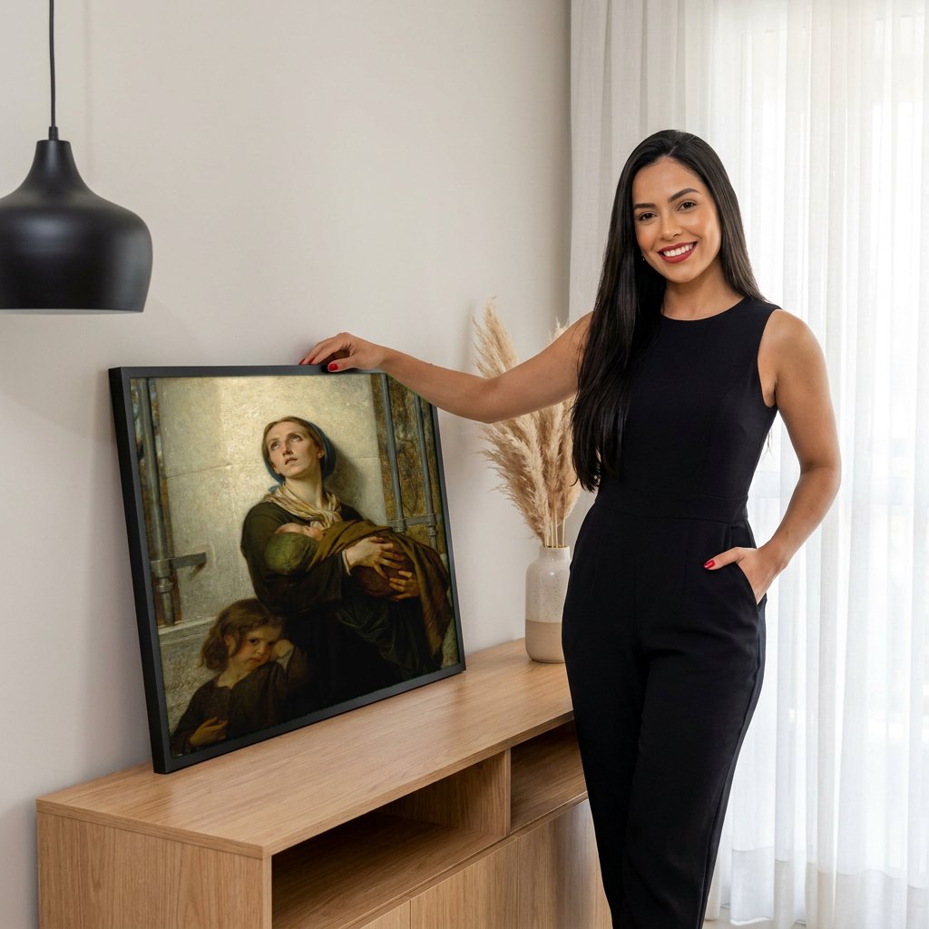 Quadro Decorativo A Mãe e Seus Filhos - Hugues Merle | modelo apresentando o quadro emoldurado