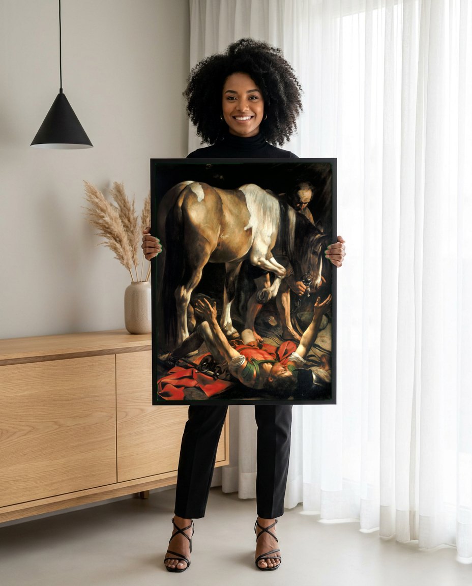 Quadro Decorativo A Conversão de São Paulo - Caravaggio | modelo apresentando o quadro emoldurado
