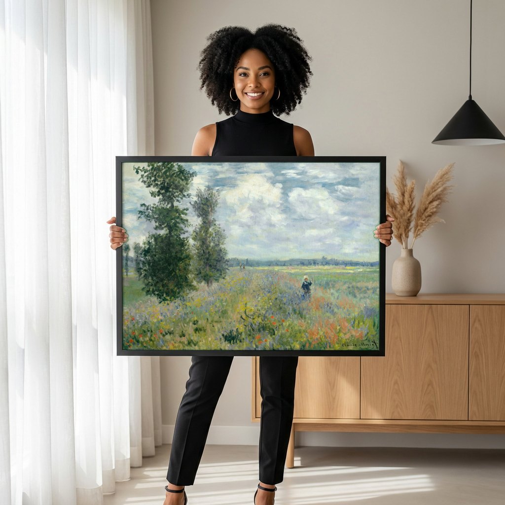 Quadro Decorativo Campo de Papoulas - Claude Monet | modelo apresentando o quadro emoldurado