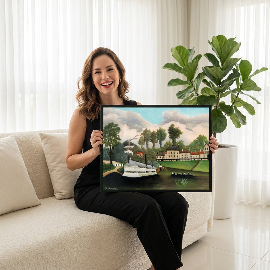 Quadro Decorativo A Lavanderia - Henri Rousseau | modelo apresentando o quadro emoldurado