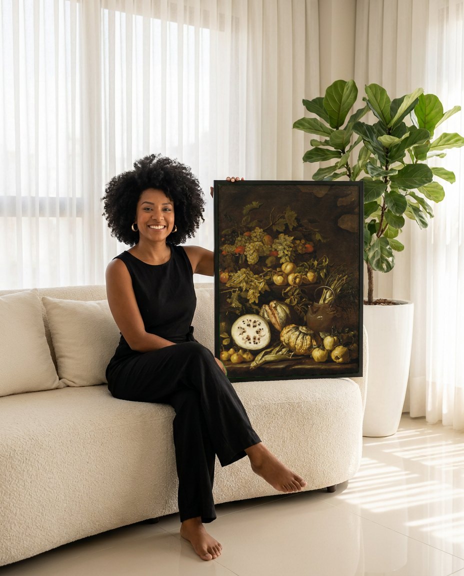 Quadro Decorativo Natureza-Morta com Frutas e Vegetais - Rubens | modelo apresentando o quadro emoldurado