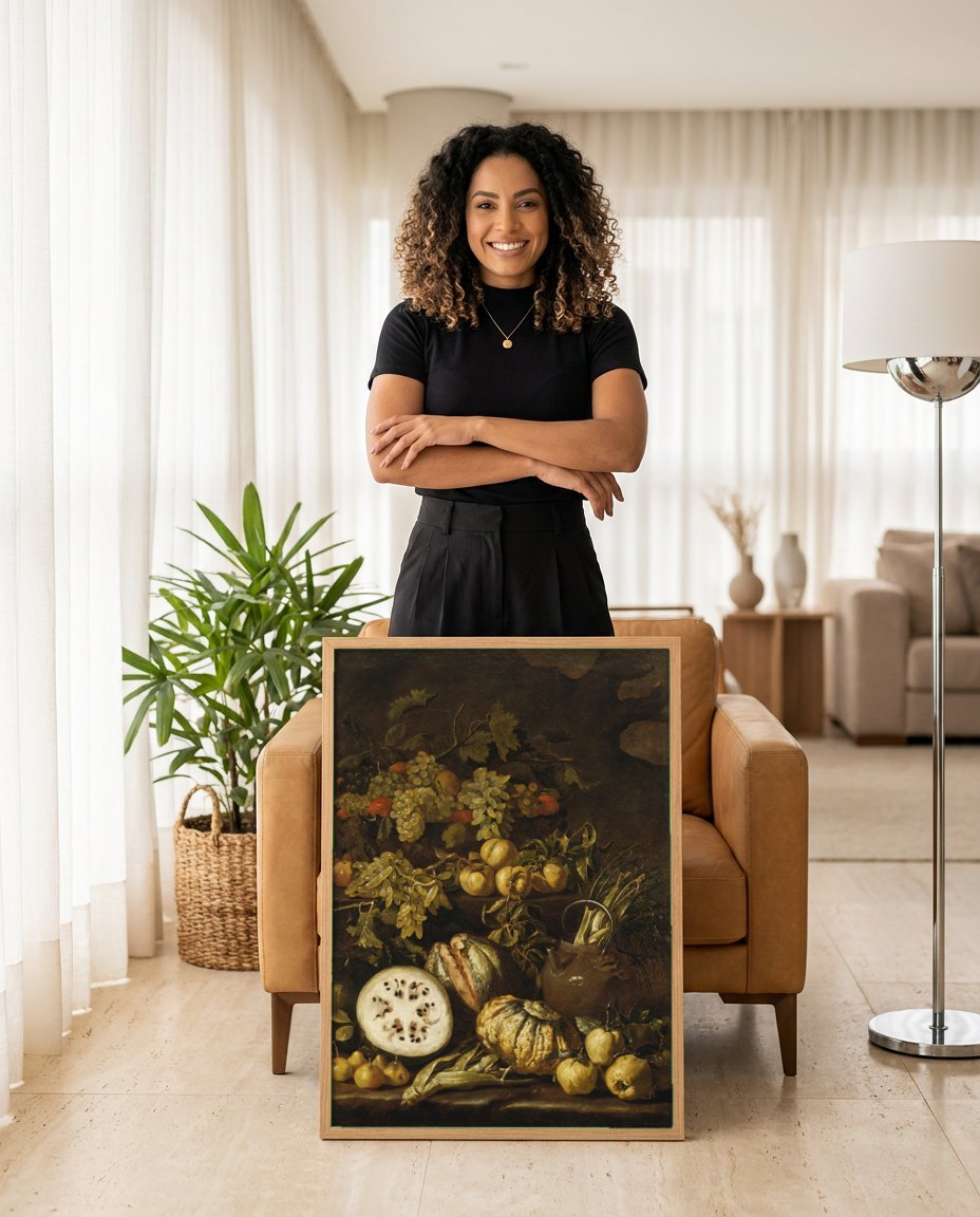 Quadro Decorativo Natureza-Morta com Frutas e Vegetais - Rubens | modelo apresentando o quadro emoldurado