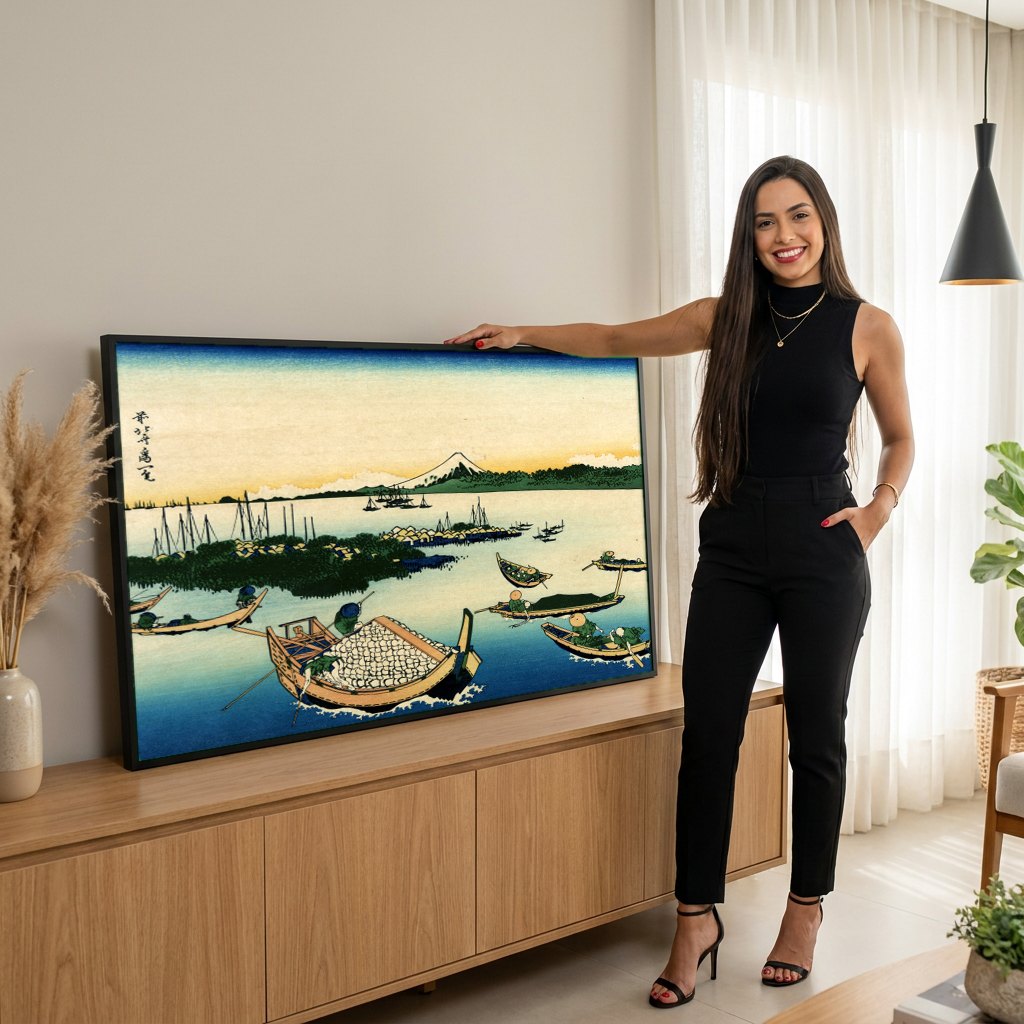 Quadro Decorativo A Lagoa de Hakone - Hokusai | modelo apresentando o quadro emoldurado