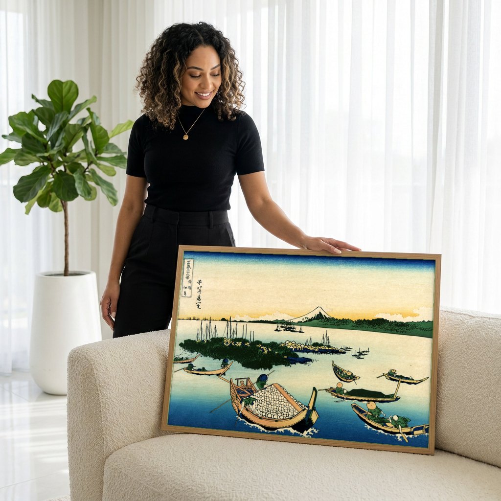 Quadro Decorativo A Lagoa de Hakone - Hokusai | modelo apresentando o quadro emoldurado