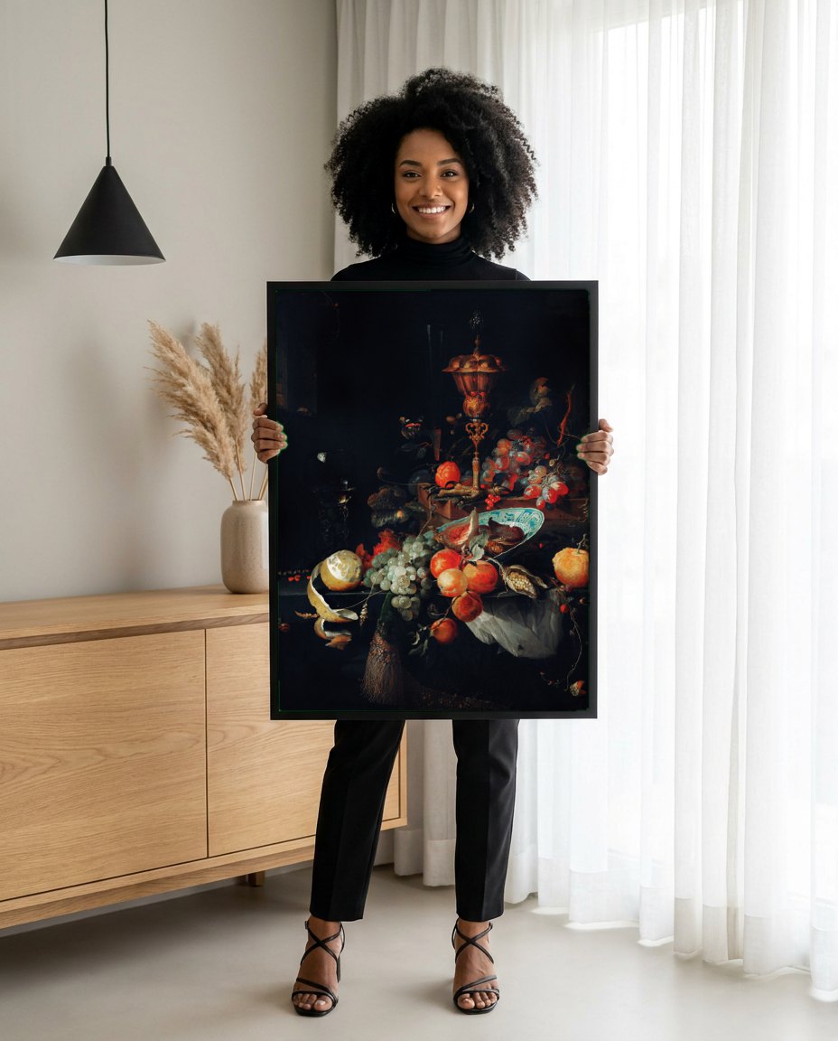 Quadro Decorativo Natureza-Morta com Frutas - Abraham Mignon | modelo apresentando o quadro emoldurado