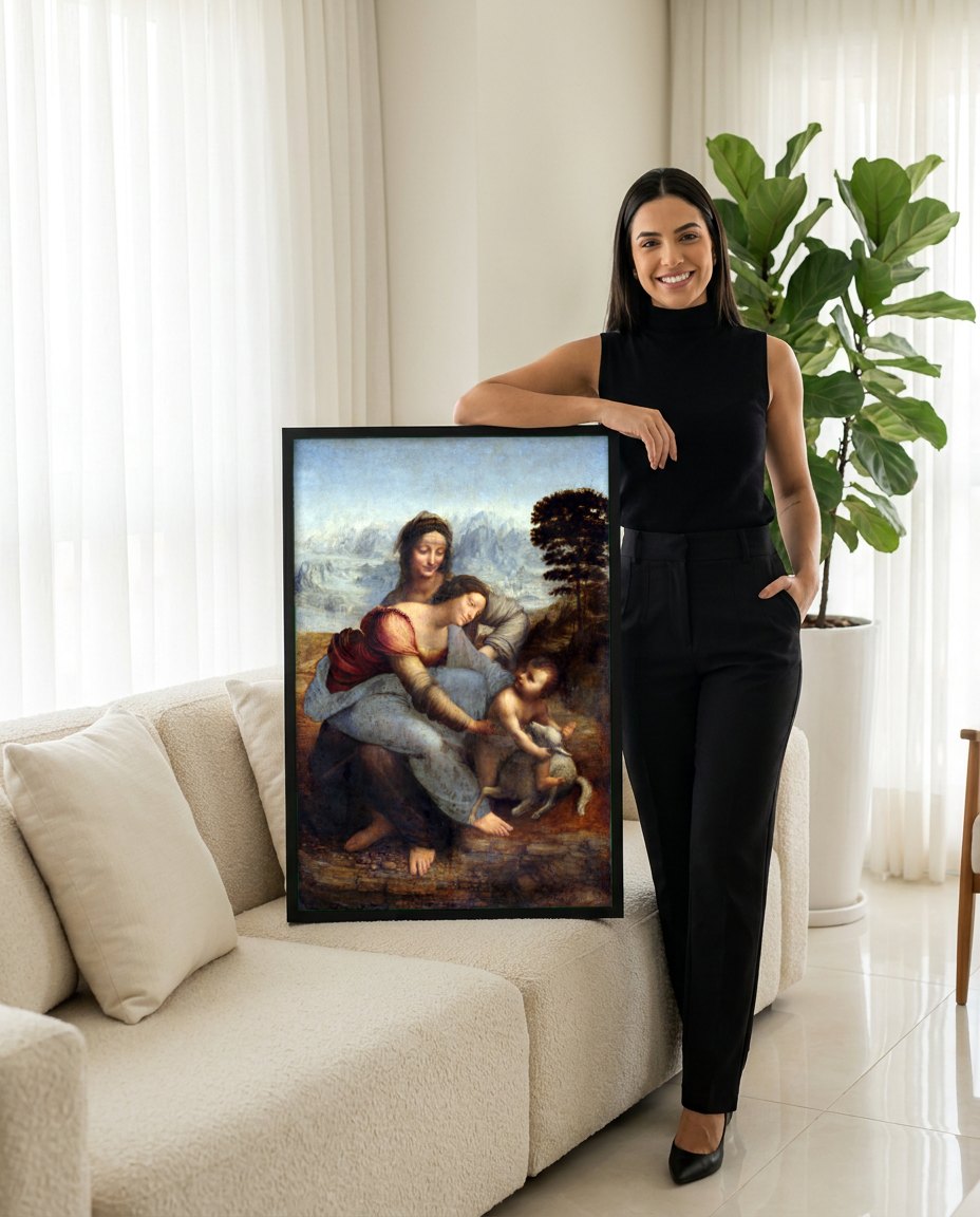 Quadro Decorativo A Virgem, o Menino Jesus e Sant'Ana - Da Vinci | modelo apresentando o quadro emoldurado