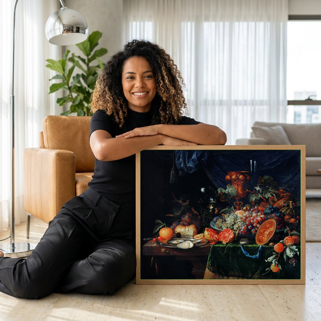 Quadro Decorativo Natureza-Morta com Frutas e Ostras - Abraham Mignon | modelo apresentando o quadro emoldurado