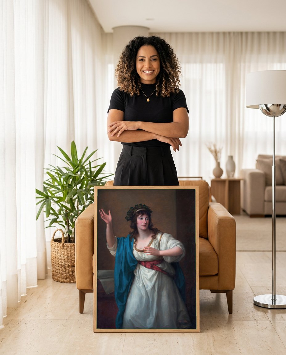 Quadro Decorativo A Poetisa - Angelica Kauffmann | modelo apresentando o quadro emoldurado
