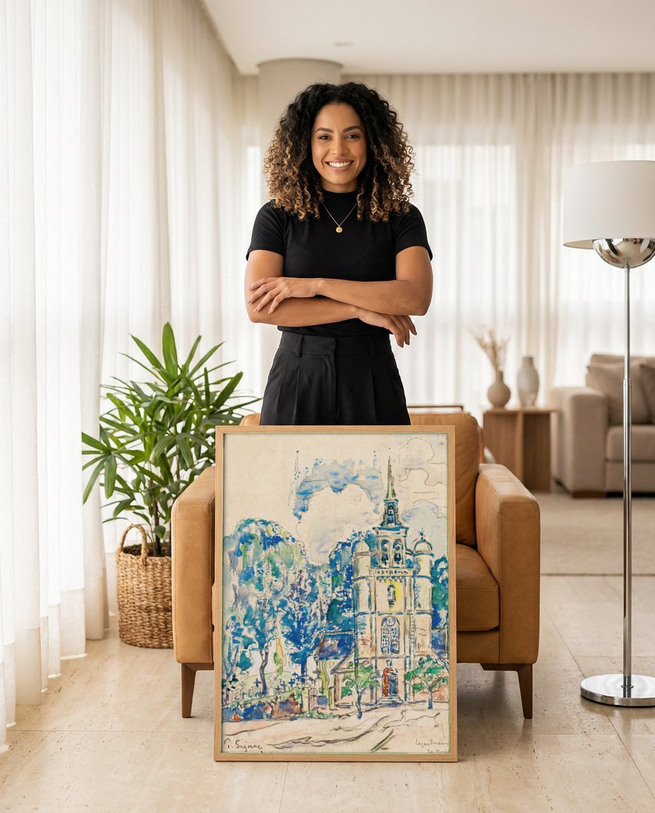Quadro Decorativo Igreja e Cemitério – Paul Signac | modelo apresentando o quadro emoldurado