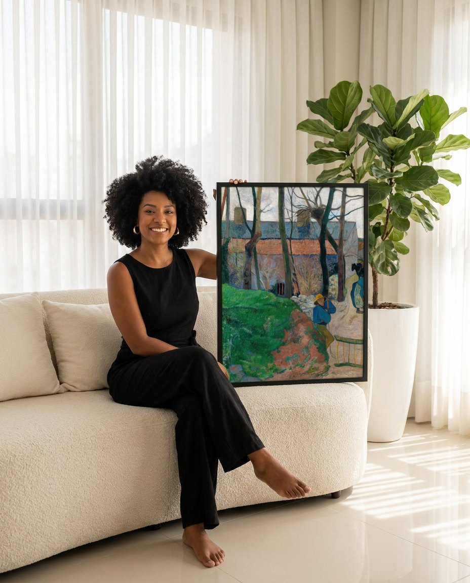 Quadro Decorativo A Casa Azul - Paul Gauguin | modelo apresentando o quadro emoldurado