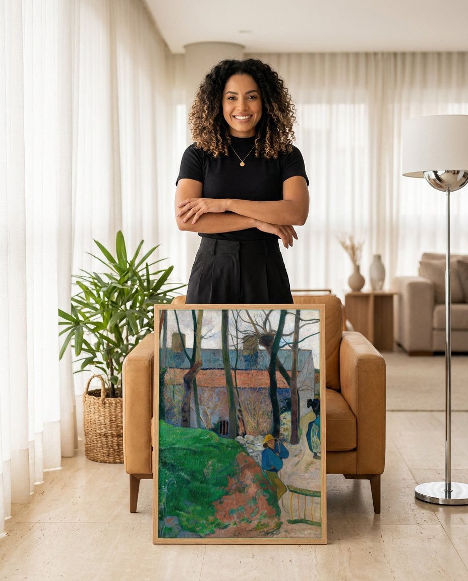 Quadro Decorativo A Casa Azul - Paul Gauguin | modelo apresentando o quadro emoldurado