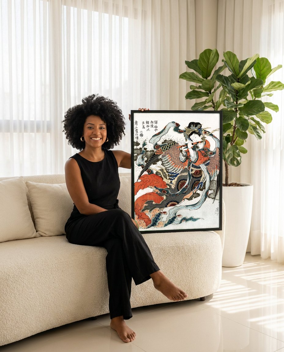 Quadro Decorativo Karura (Karyōbinga) - Hokusai | modelo apresentando o quadro emoldurado