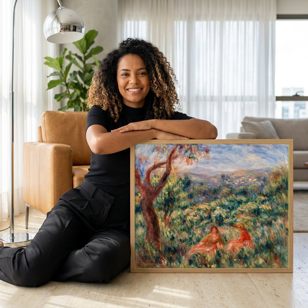 Quadro Decorativo Campo Florido com Figuras - Renoir | modelo apresentando o quadro emoldurado