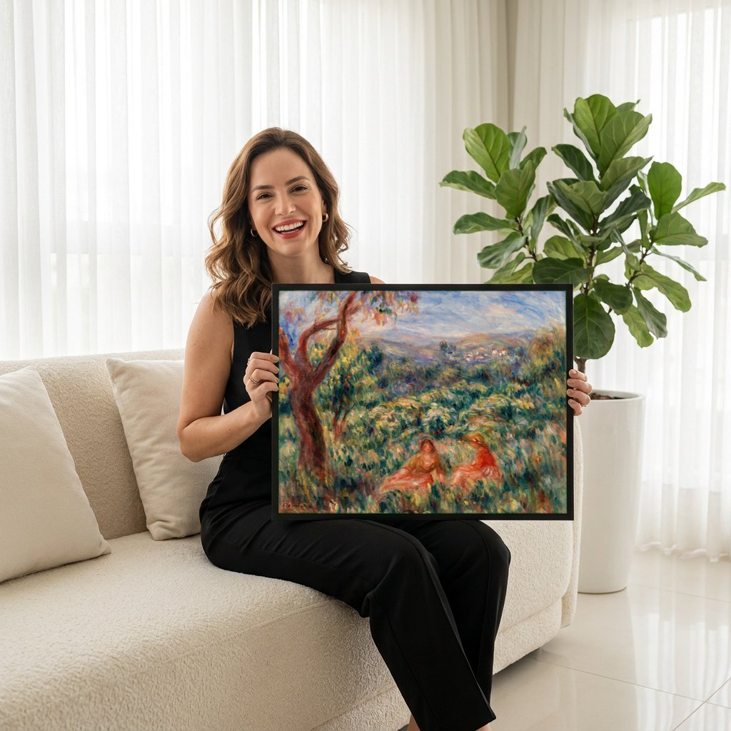 Quadro Decorativo Campo Florido com Figuras - Renoir | modelo apresentando o quadro emoldurado