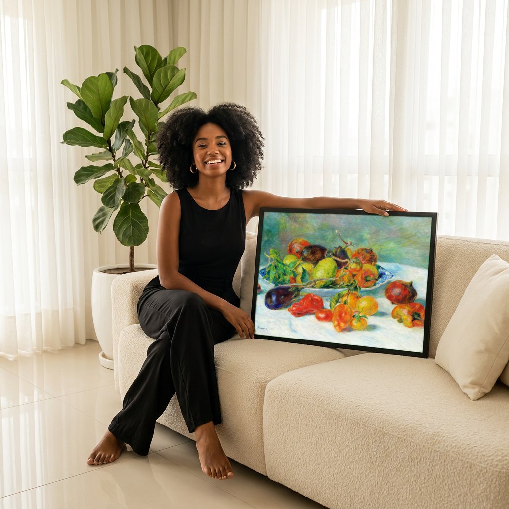 Quadro Decorativo Cesta de Frutas e Legumes - Renoir | modelo apresentando o quadro emoldurado