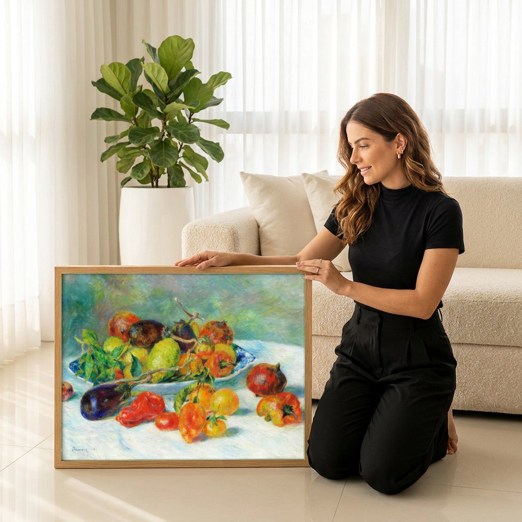 Quadro Decorativo Cesta de Frutas e Legumes - Renoir | modelo apresentando o quadro emoldurado