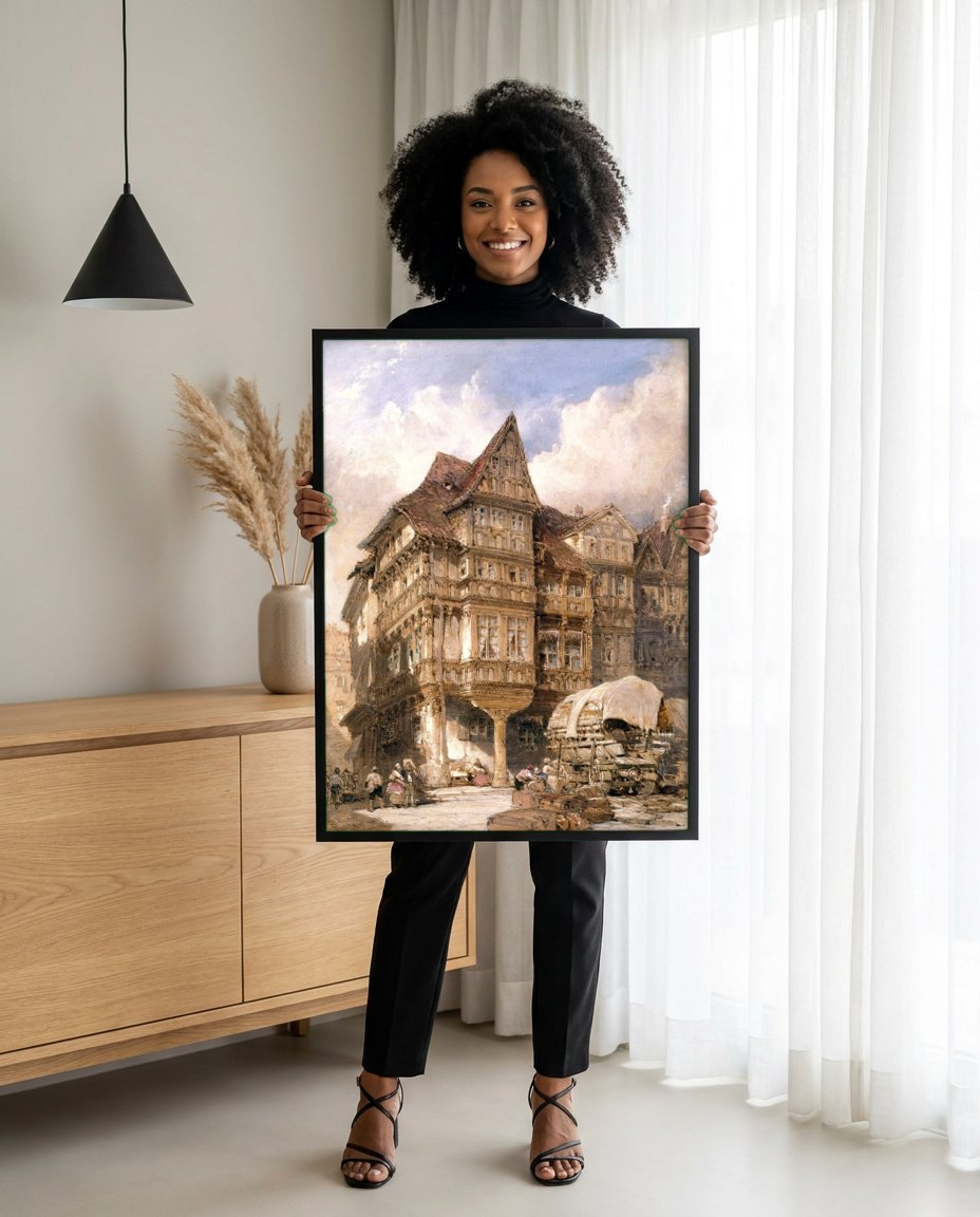 Quadro Decorativo Casas de Nuremberga - Dürer | modelo apresentando o quadro emoldurado