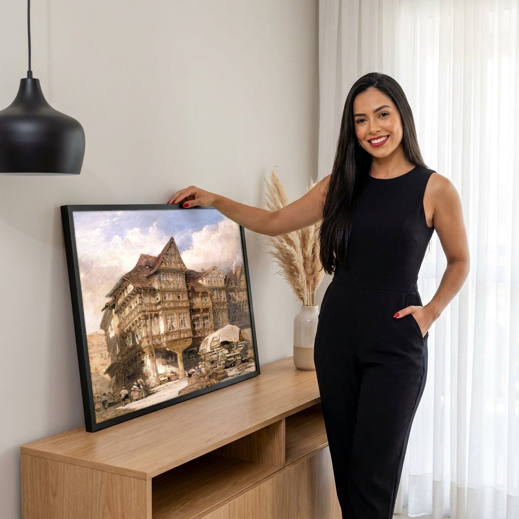 Quadro Decorativo Casas de Nuremberga - Dürer | modelo apresentando o quadro emoldurado
