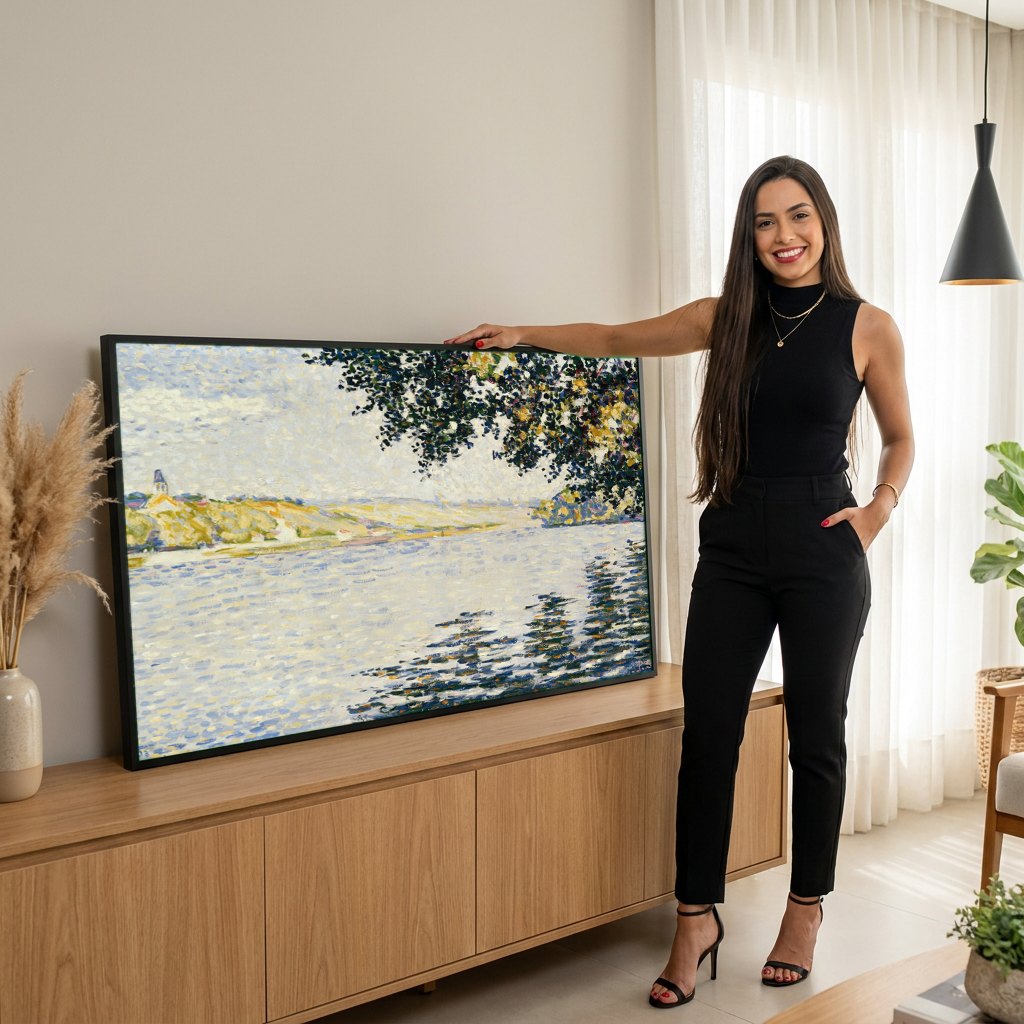 Quadro Decorativo Rio em Saint-Cloud - Paul Signac | modelo apresentando o quadro emoldurado
