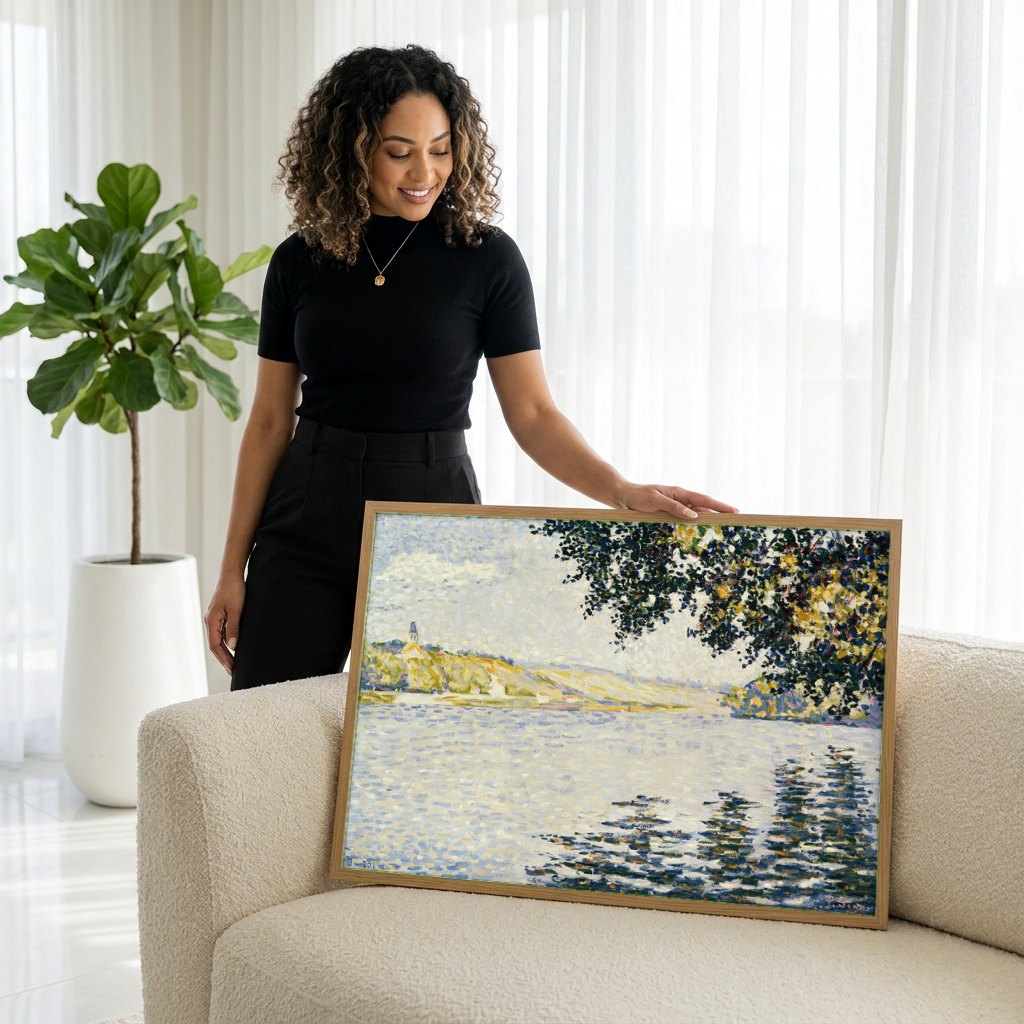 Quadro Decorativo Rio em Saint-Cloud - Paul Signac | modelo apresentando o quadro emoldurado