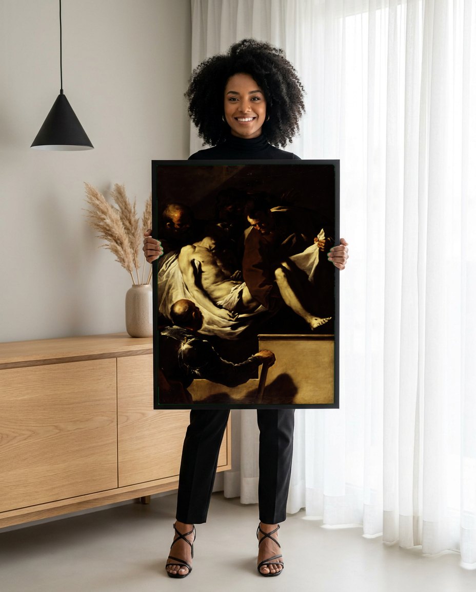 Quadro Decorativo 'Deposição de Cristo' - Luca Giordano | modelo apresentando o quadro emoldurado