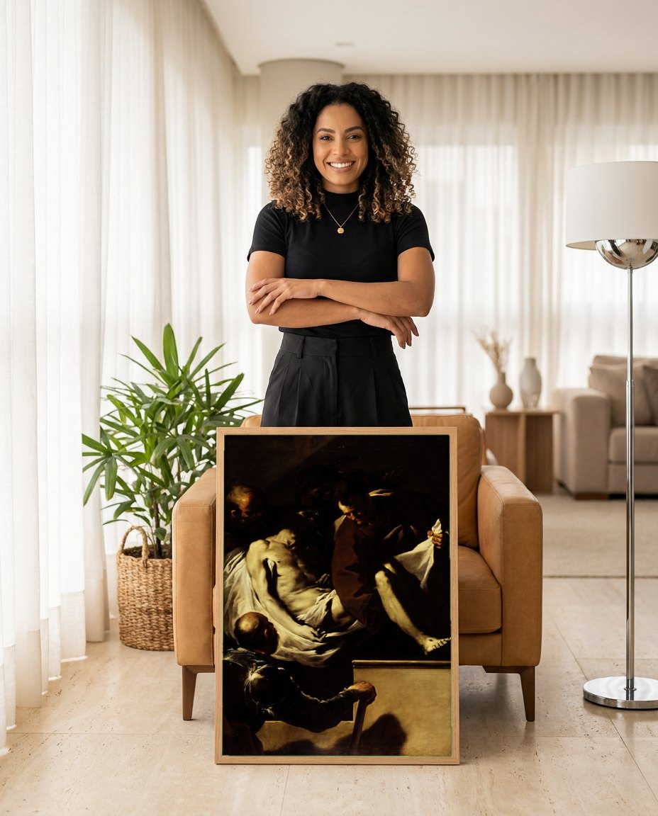 Quadro Decorativo 'Deposição de Cristo' - Luca Giordano | modelo apresentando o quadro emoldurado