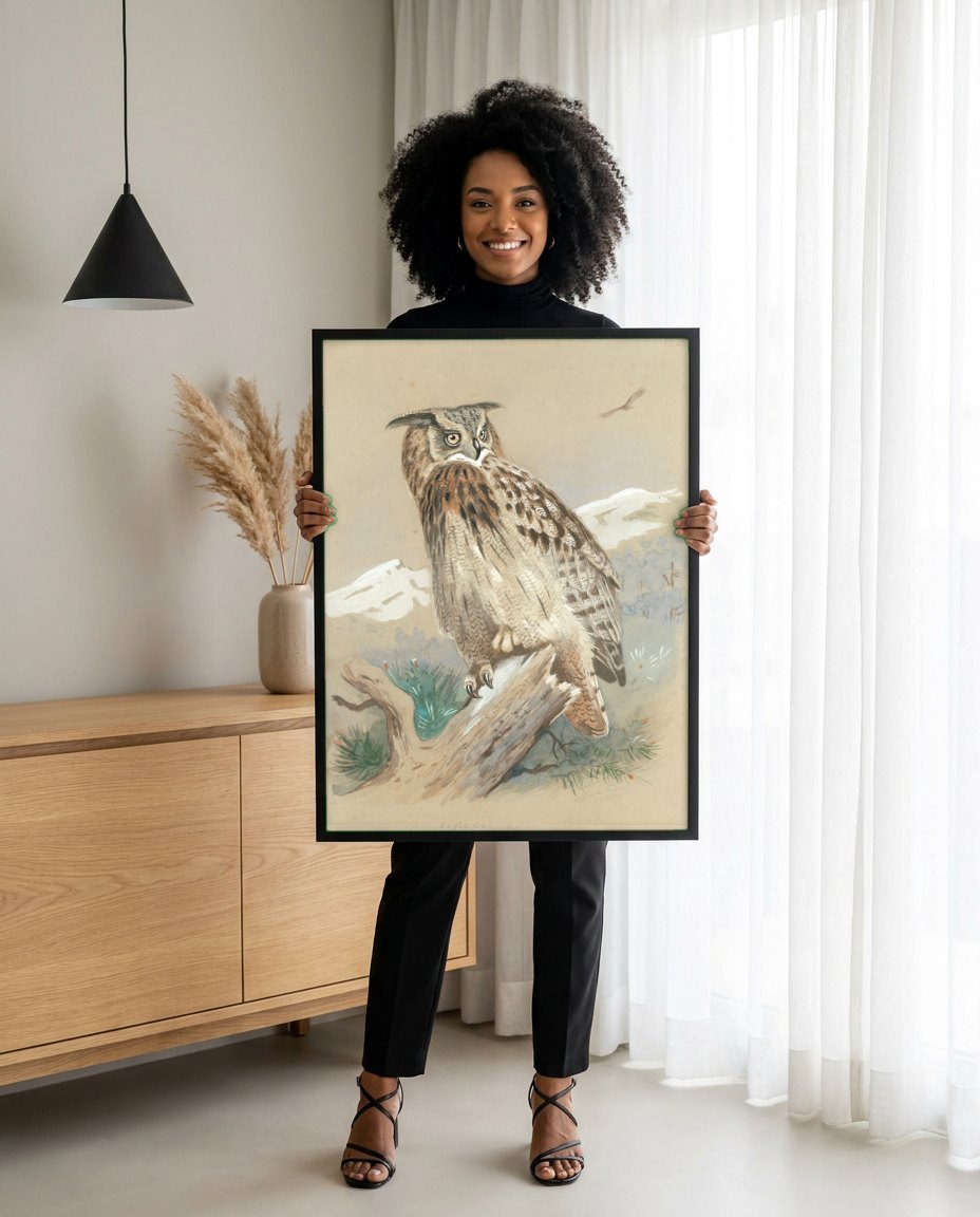 Quadro Decorativo Coruja-orelhuda - Thorburn | modelo apresentando o quadro emoldurado
