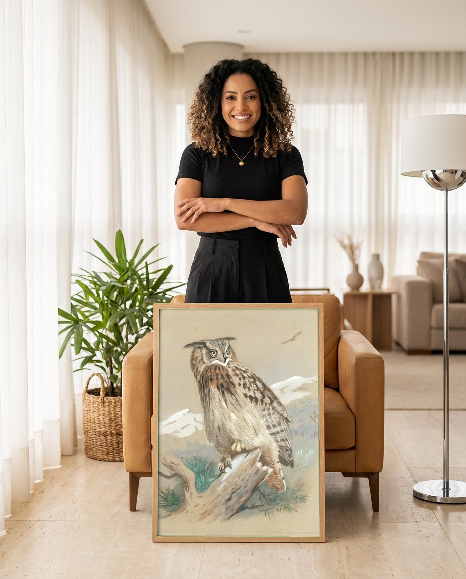 Quadro Decorativo Coruja-orelhuda - Thorburn | modelo apresentando o quadro emoldurado