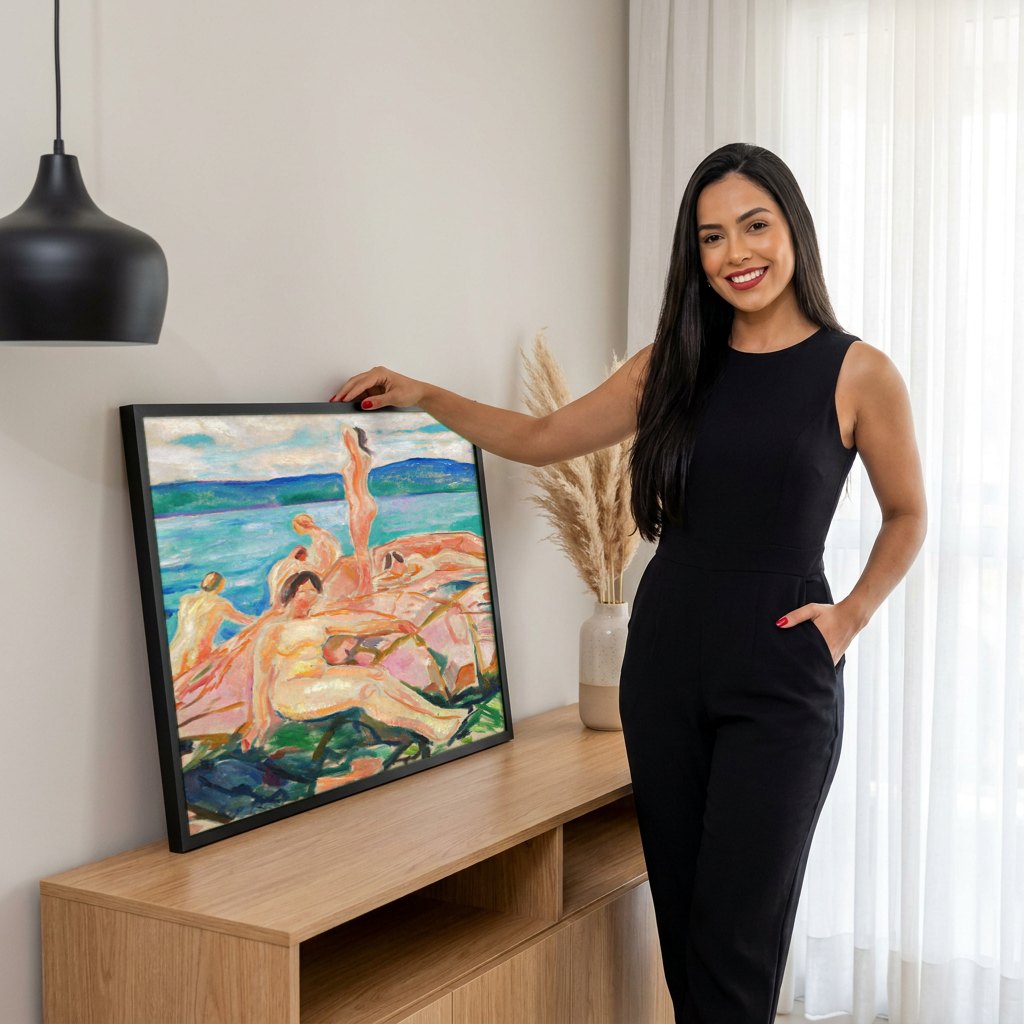 Quadro Decorativo Banho de Sol - Edvard Munch | modelo apresentando o quadro emoldurado