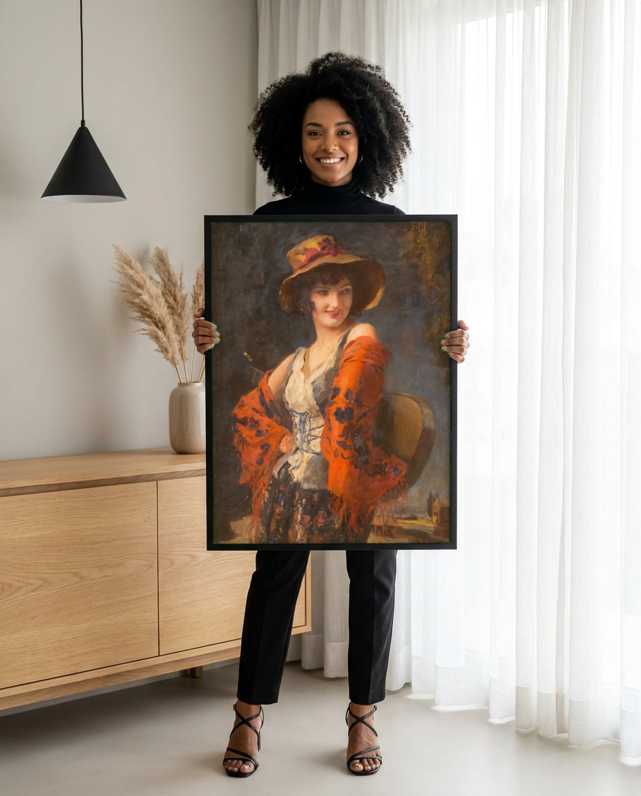 Quadro Decorativo A Cigana – Leopold Schmutzler | modelo apresentando o quadro emoldurado