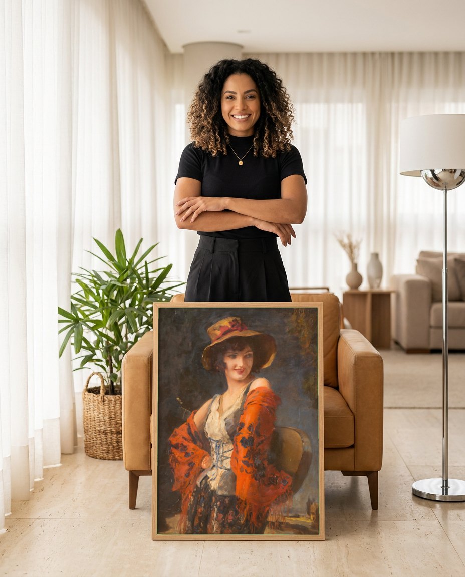 Quadro Decorativo A Cigana – Leopold Schmutzler | modelo apresentando o quadro emoldurado