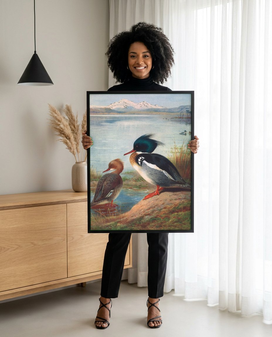 Quadro Decorativo Mergansos Reais - Thorburn | modelo apresentando o quadro emoldurado
