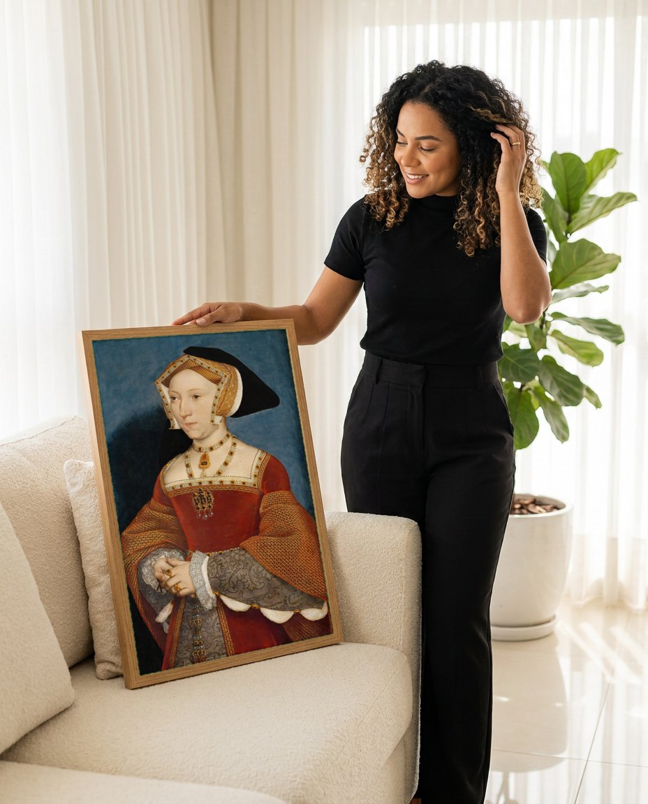 Quadro Decorativo Retrato de Jane Seymour - Hans Holbein, o Jovem | modelo apresentando o quadro emoldurado