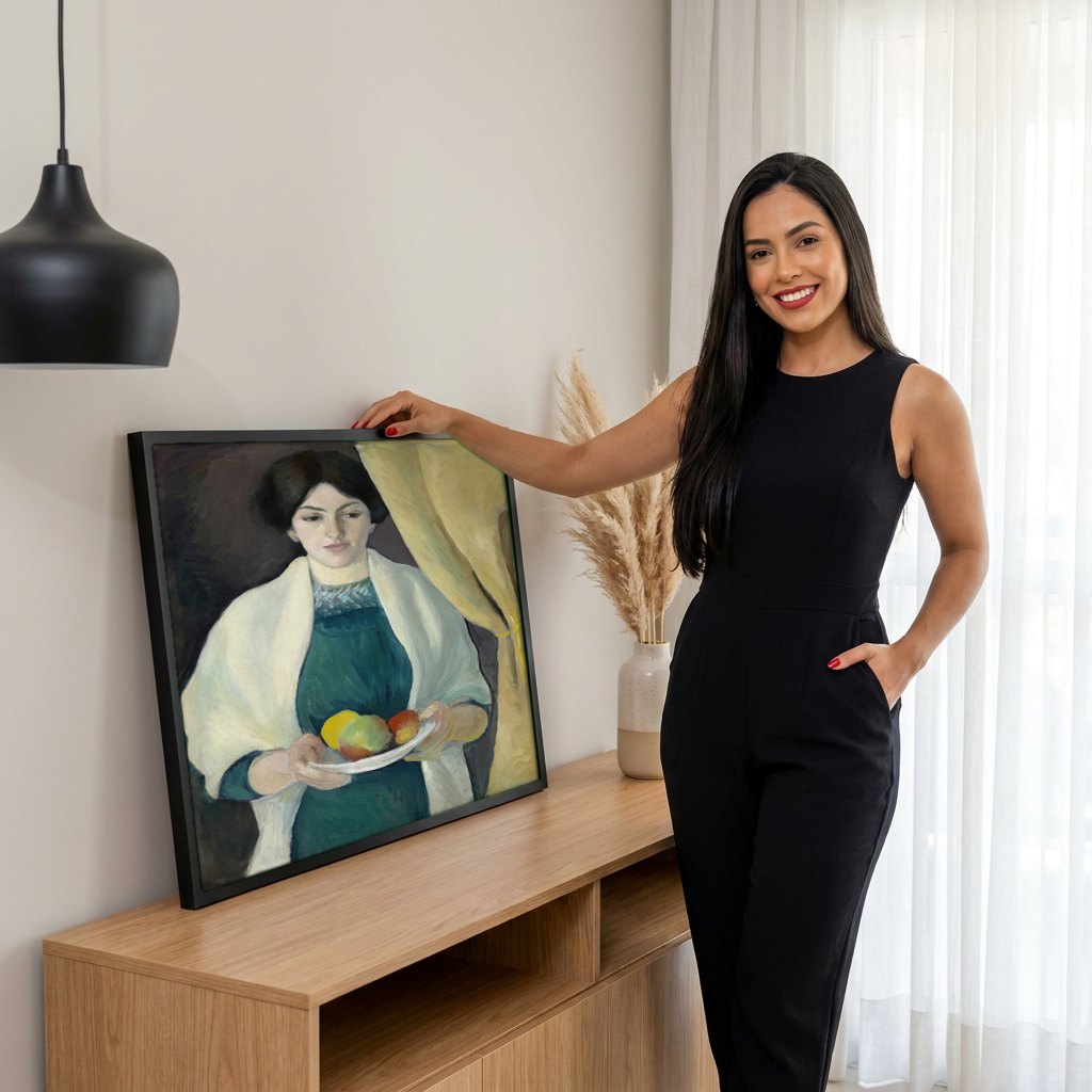 Quadro Decorativo A Mulher com Frutas - August Macke | modelo apresentando o quadro emoldurado