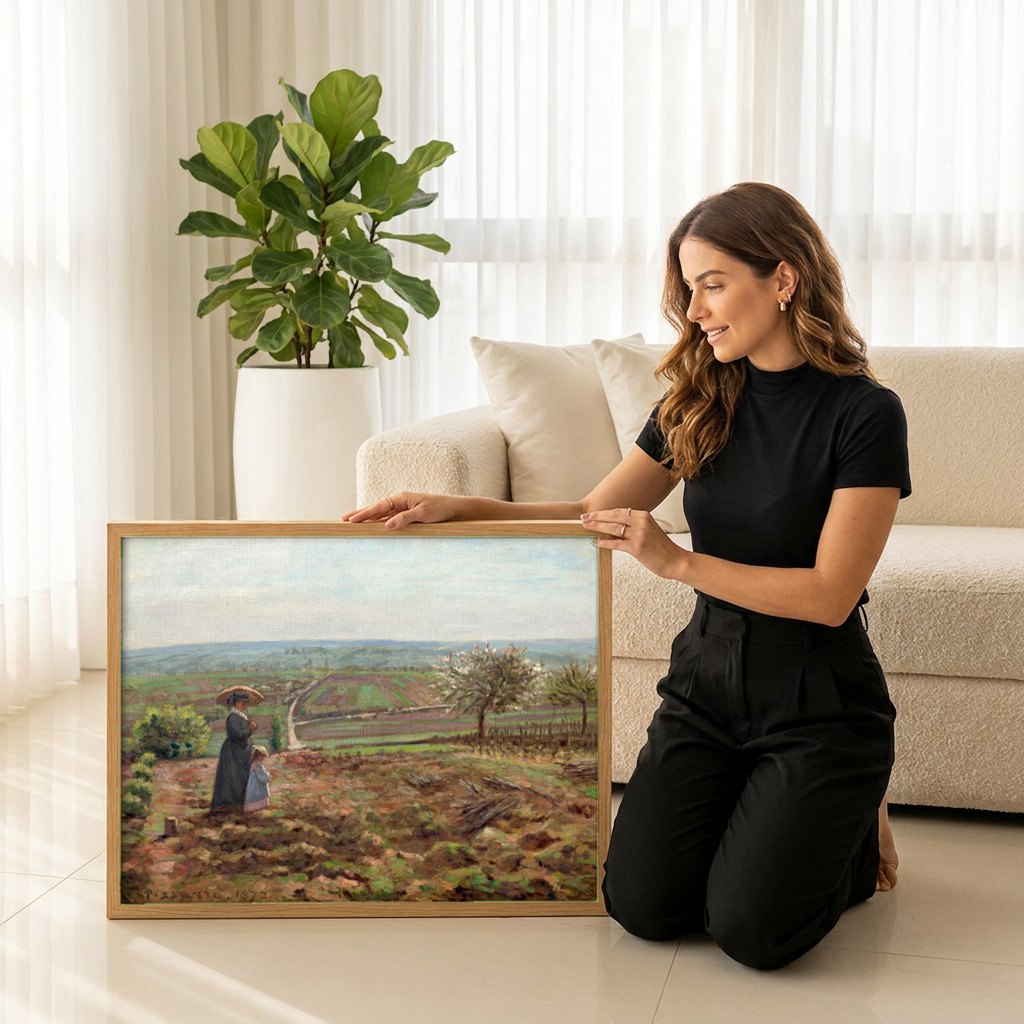 Quadro Decorativo Campo Florido com Figuras - Pissarro | modelo apresentando o quadro emoldurado
