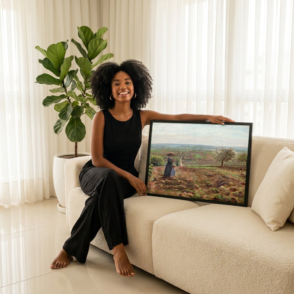 Quadro Decorativo Campo Florido com Figuras - Pissarro | modelo apresentando o quadro emoldurado